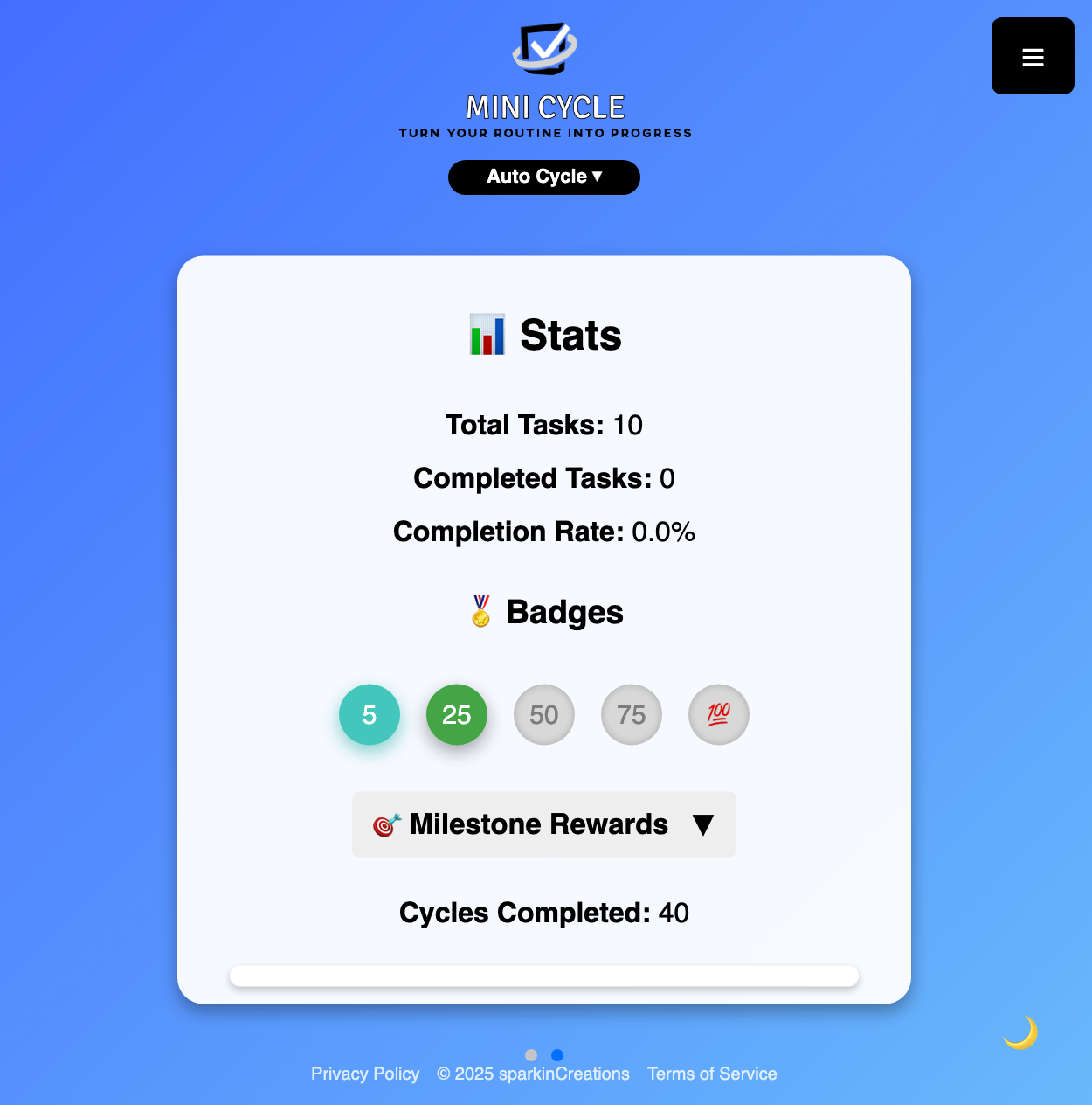 miniCycle Habit Progress Analytics - Routine workflow companion showing cycle completion streaks and habit-building momentum