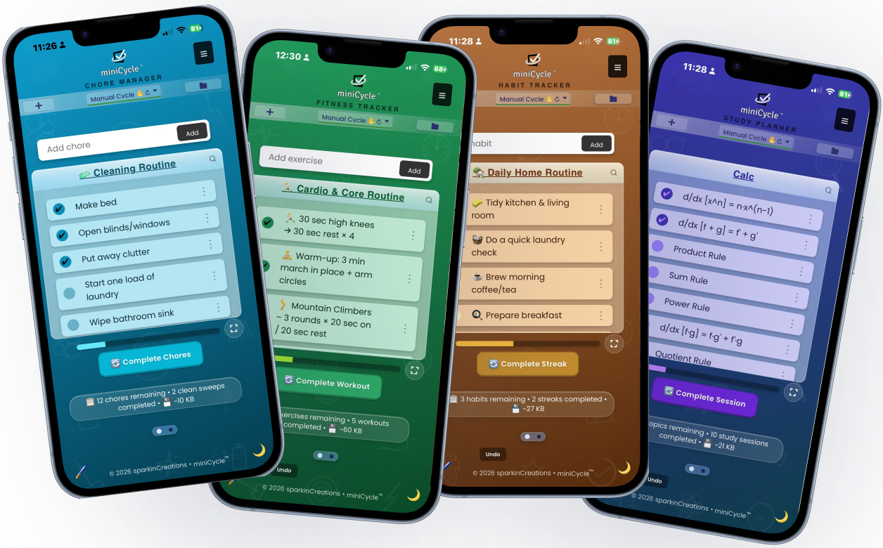 Four miniCycle vocabulary themes side by side: Study Planner (purple), Habit Tracker (amber), Fitness Tracker (green), and Chore Manager (teal)