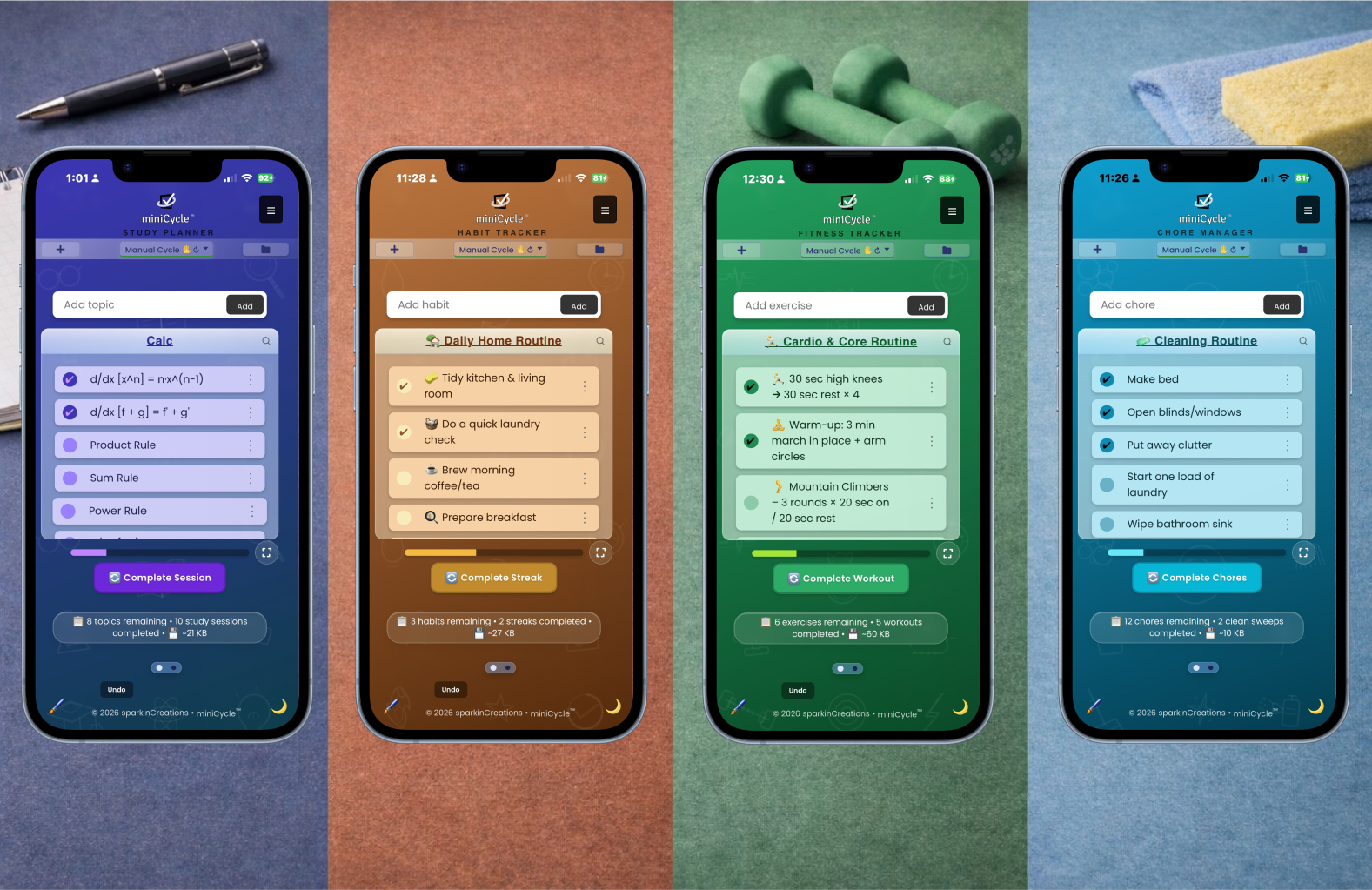 Four miniCycle vocabulary themes side by side: Study Planner (purple), Habit Tracker (amber), Fitness Tracker (green), and Chore Manager (teal) — each with unique colors, language, and real routines