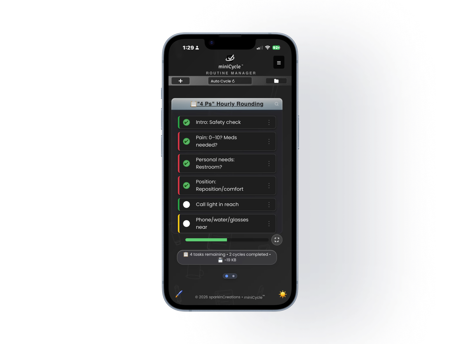 miniCycle in dark mode showing the 4 Ps Hourly Rounding Checklist