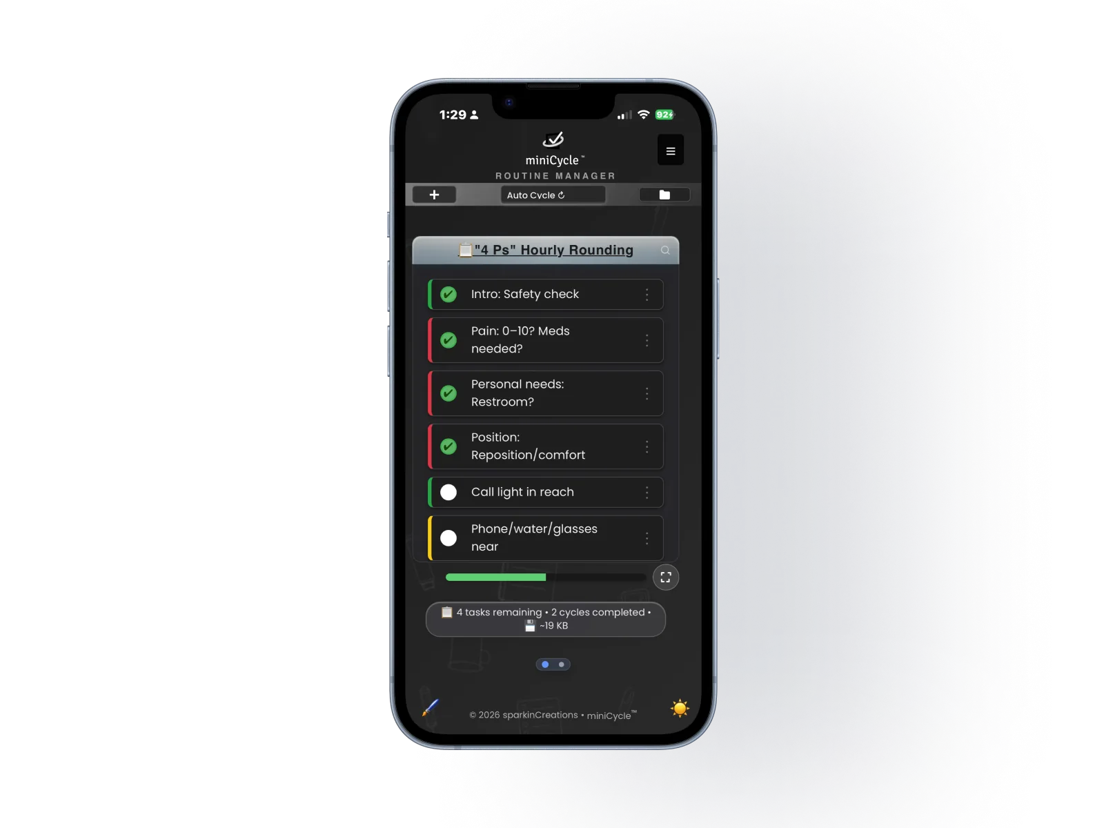 miniCycle in dark mode showing the 4 Ps Hourly Rounding Checklist