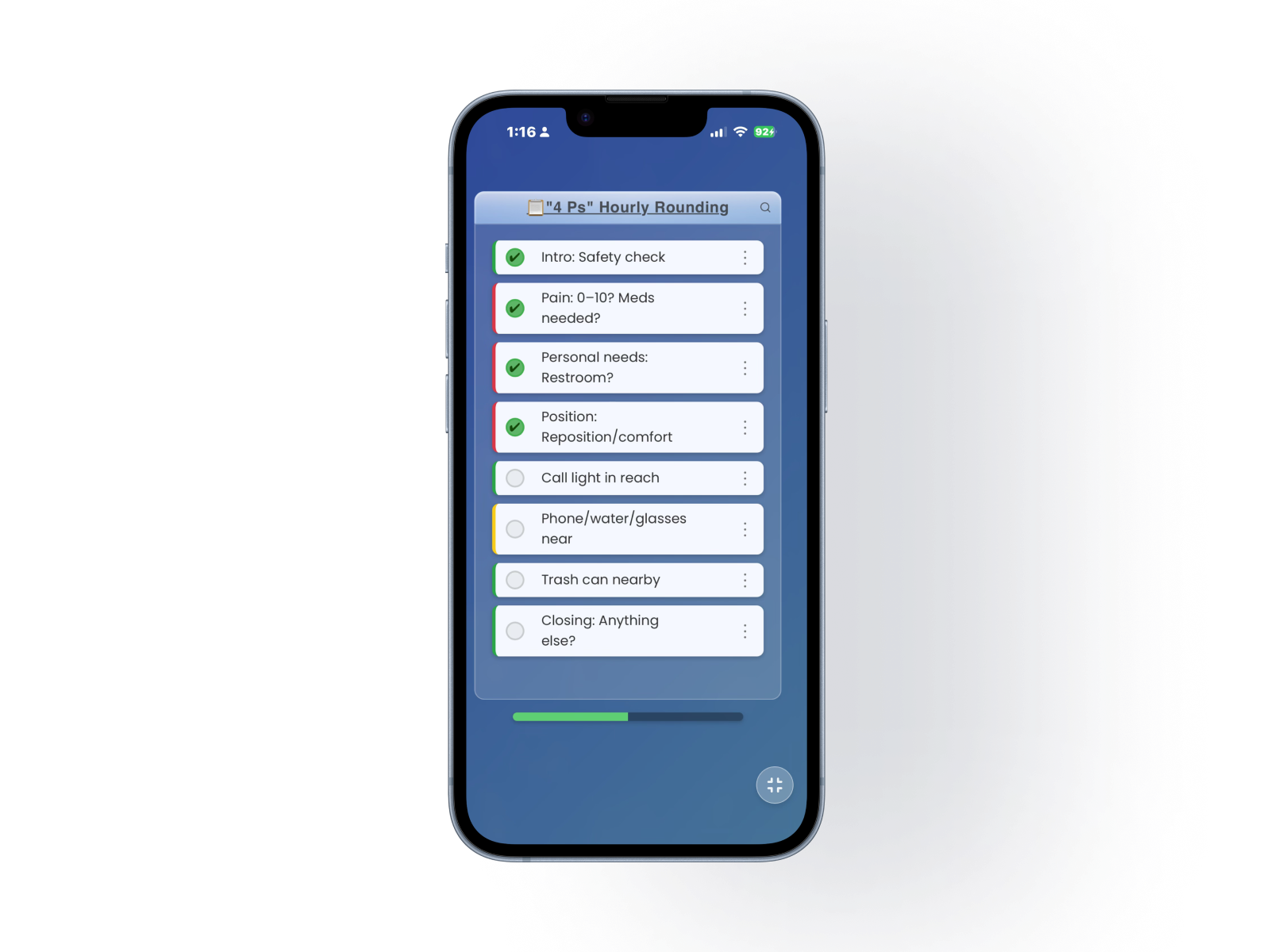 miniCycle in focus mode showing the 4 Ps Hourly Rounding Checklist