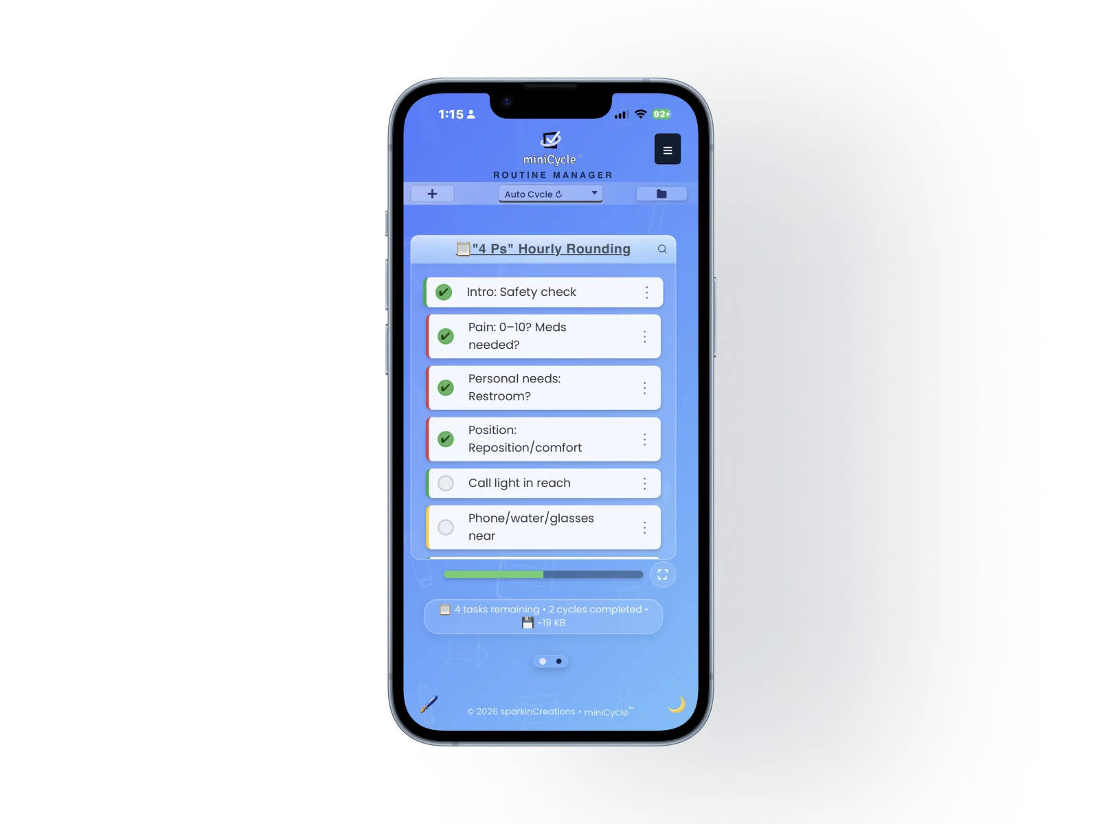 miniCycle in light mode showing the 4 Ps Hourly Rounding Checklist