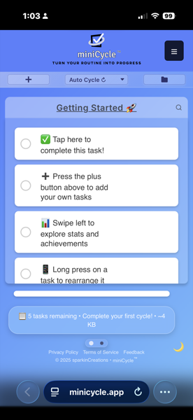 miniCycle main view showing a Getting Started routine with 5 tasks including Tap here to complete this task, Press the plus button above to add your own tasks, and other onboarding tasks. The interface displays the + button, Auto Cycle mode selector, and folder icon in the top toolbar.