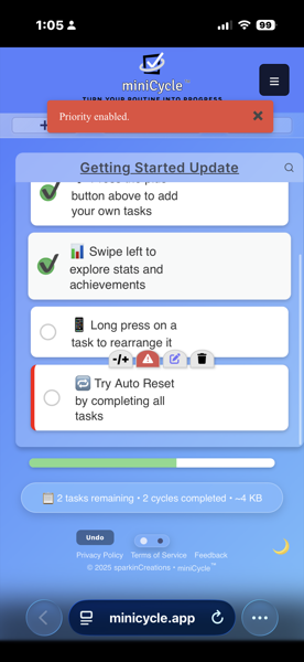 A task with a red left border indicating high priority. The task option buttons are visible below, showing customize, priority (with red warning icon), edit, and delete buttons. A green notification banner confirms Priority enabled.