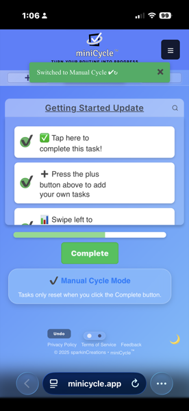 Manual Cycle Mode interface showing completed tasks with green checkmarks and a large green Complete button at the bottom. A blue banner explains that tasks only reset when you click the Complete button. The progress bar shows the routine is partially complete.