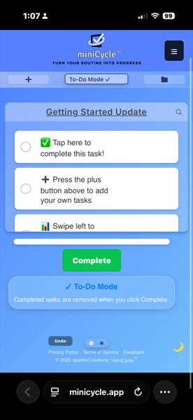 To-Do Mode interface showing the mode selector set to To-Do Mode with a checkmark icon. A blue banner at the bottom explains that completed tasks are removed when you click Complete. The Complete button is visible for manually triggering task deletion.