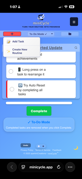 The + button dropdown menu expanded, showing two options: Add Task with a notepad icon, and Create New Routine with a sparkle icon. The menu appears below the red + button in the top toolbar.