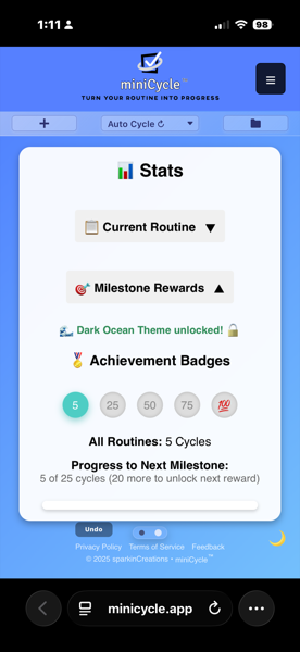 The Stats panel showing Current Routine statistics and Milestone Rewards. Achievement Badges display circles for 5, 25, 50, 75, and 100 milestones, with the 5 badge highlighted in teal indicating it has been earned. A message shows Dark Ocean Theme unlocked, and progress text reads 5 of 25 cycles with 20 more to unlock next reward.