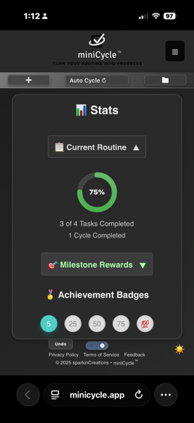 The Stats panel in dark mode showing a progress ring at 75% with 3 of 4 tasks completed and 1 cycle completed. The Milestone Rewards section displays Achievement Badges for 5, 25, 50, 75, and 100 milestones. Navigation dots at the bottom indicate this is the second view.
