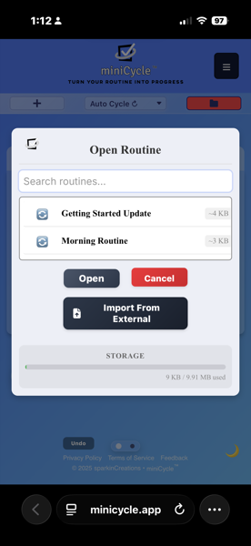 The Open Routine modal displaying a list of saved routines including Getting Started Update and Morning Routine, each showing their storage size. The modal includes a search field, Open and Cancel buttons, an Import From External option, and a storage usage indicator showing 9 KB of 9.91 MB used.