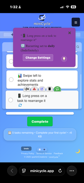 A purple recurring task popup showing the task Long press on a task to rearrange it is set to repeat daily indefinitely. The popup includes a Change Settings button and displays task option buttons including customize, priority, edit, delete, and recurring icons.