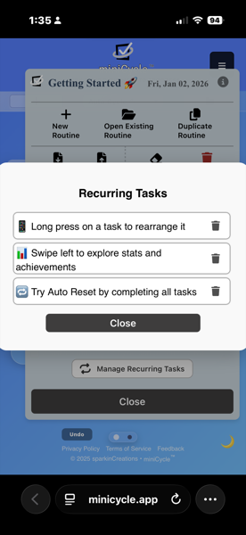 The hamburger menu expanded showing routine management options: New Routine, Open Existing Routine, and Duplicate Routine at the top. Below are additional options including Import, Export, Theme selector, and Manage Recurring Tasks. A Recurring Tasks popup is also visible listing tasks with their schedules.