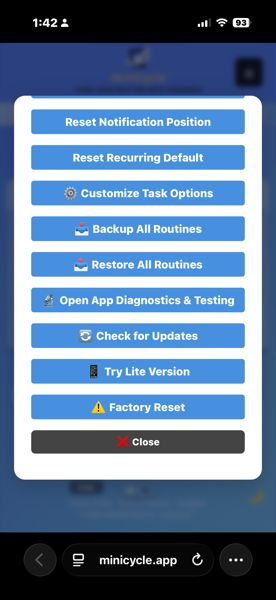 Settings panel showing options including Reset Notification Position, Reset Recurring Default, Customize Task Options, Backup All Routines, Restore All Routines, Open App Diagnostics and Testing, Check for Updates, Try Lite Version, Factory Reset, and Close button.