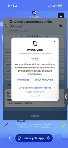 The About miniCycle modal showing the app logo, version number v1.916, tagline Turn your routine into progress, links to Changelog and About miniCycle, developer credit for sparkinCreations, and cache version.