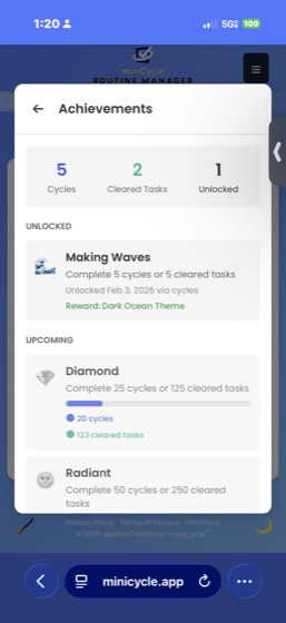 The Achievements page showing summary counters for Cycles, Cleared Tasks, and Unlocked badges. Making Waves is listed under Unlocked with its reward. Diamond and Radiant appear under Upcoming with progress indicators showing cycles and cleared tasks toward each goal.