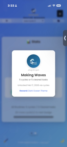Badge detail popup for Making Waves in light mode showing the wave emoji badge icon with drag to spin text, 5 cycles or 5 cleared tasks requirement, Unlocked Feb 17 2026 via cycles, and Reward: Dark Ocean Theme.