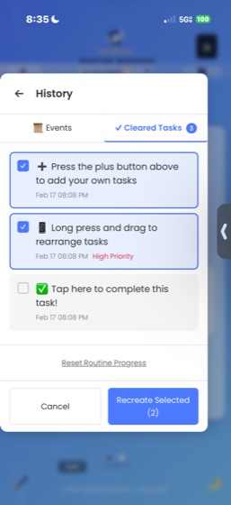 The History panel showing the Cleared Tasks tab with 2 tasks selected via checkboxes. A Recreate Selected button at the bottom allows restoring chosen tasks back to the routine. One task shows a High Priority label.