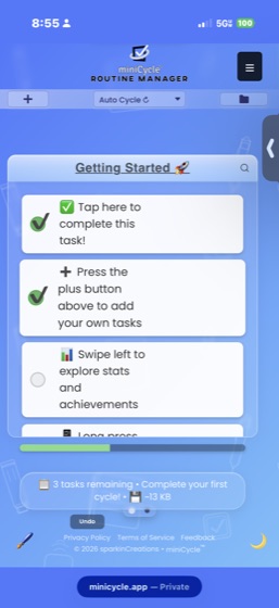 Getting Started routine with 2 tasks checked off showing green checkmarks and a progress bar partially filled, indicating cycle progress.