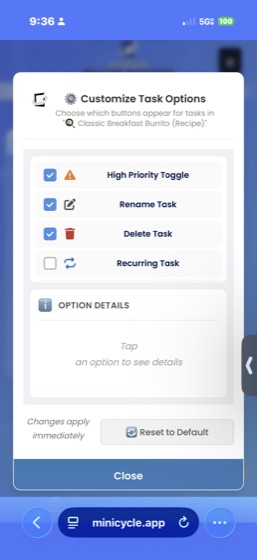 The Customize Task Options modal showing checkboxes for available task buttons including Set Due Date, Task Reminders, and Marked for Removal, with a Global section and Option Details area.