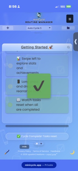 Cycle complete animation showing a large green checkmark overlay on the task list, indicating all tasks have been completed and the cycle is done.