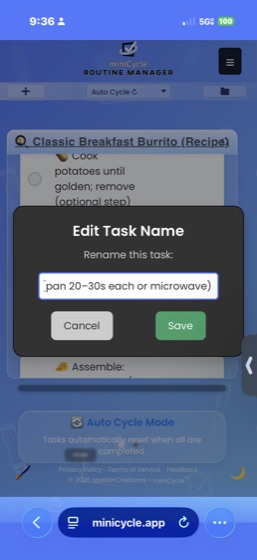 The Edit Task Name dialog showing a text input field with the current task name and Save and Cancel buttons.
