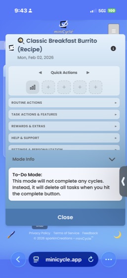 The hamburger menu expanded showing sections: Quick Actions with icon buttons, Routine Actions, Task Actions and Features, Rewards and Extras, Help and Support, Settings and Personalization, and Mode Info showing To-Do Mode description.
