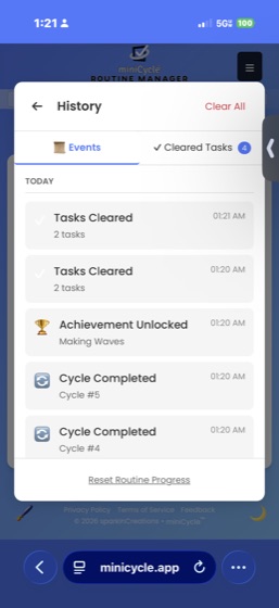 The History panel showing the Events tab with entries for Tasks Cleared, Achievement Unlocked Making Waves, and Cycle Completed events with timestamps. A Reset Routine Progress link appears at the bottom.