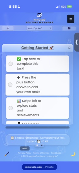 miniCycle main view showing a Getting Started routine with sample tasks including Tap here to complete this task, and other onboarding tasks. The interface displays the + button, Auto Cycle mode selector, folder icon, and an Undo button at the bottom.
