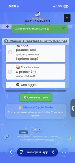 Manual Cycle Mode interface showing a green Complete Cycle button at the bottom. A blue banner explains that tasks will only reset when you manually press the complete button.