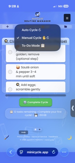 The cycle mode selector dropdown showing three options: Auto Cycle with a circular arrow icon, Manual Cycle with a hand icon, and To-Do Mode with a checkbox icon.