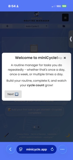 miniCycle welcome screen showing the onboarding modal with a wave emoji greeting, the miniCycle logo, and Next and Skip buttons.