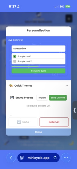The Personalization panel showing a Live Preview section with sample tasks, Quick Themes with Saved Presets area for importing and saving color schemes, Undo and Reset All buttons, and a Close button.