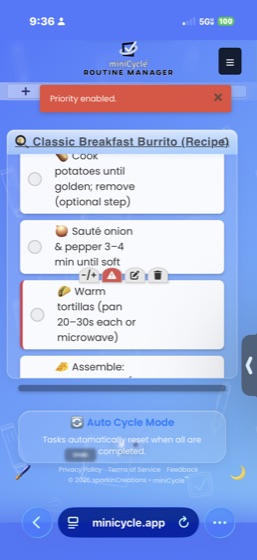 A task with a red left border indicating high priority. A green notification banner confirms Priority enabled.