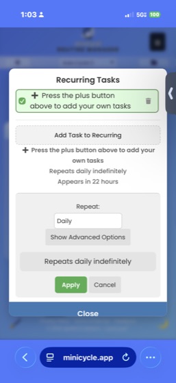The Recurring Tasks panel showing Add Task to Recurring, repeat frequency set to Daily, with Show Advanced Options button and Apply/Cancel buttons.