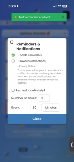 The Reminders and Notifications modal with Enable Reminders checked, showing a Task reminders enabled notification. Options include Remind Indefinitely, Number of Times, and interval set to every 30 minutes.