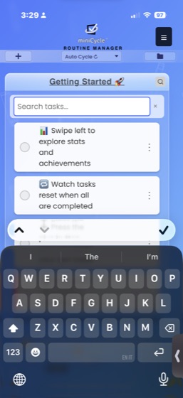 The search tasks field active at the top of the task list, with the keyboard open for typing a search query to filter tasks by name.