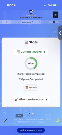 The Stats panel showing a progress ring at 40% with 2 of 5 tasks completed, 2 cycles completed, and a History button. Navigation dots at the bottom indicate this is the second view.
