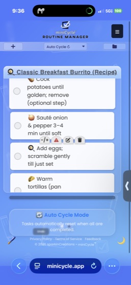 A task with option buttons visible below it, showing customize (-/+), priority, edit, delete, and recurring icons.