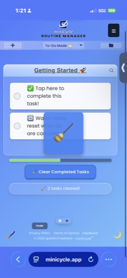 To-Do Mode showing 2 tasks cleared notification with a broom sweep animation, confirming tasks have been removed from the list.