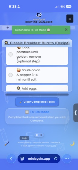 To-Do Mode interface showing completed tasks with green checkmarks and a green Clear Completed Tasks button. A blue banner explains that completed tasks are removed when you tap Clear.