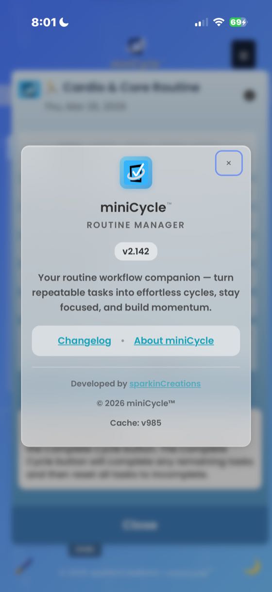 The About miniCycle modal showing the app logo, version v2.142, tagline, links to Changelog and About miniCycle, developer credit for sparkinCreations, and cache version.