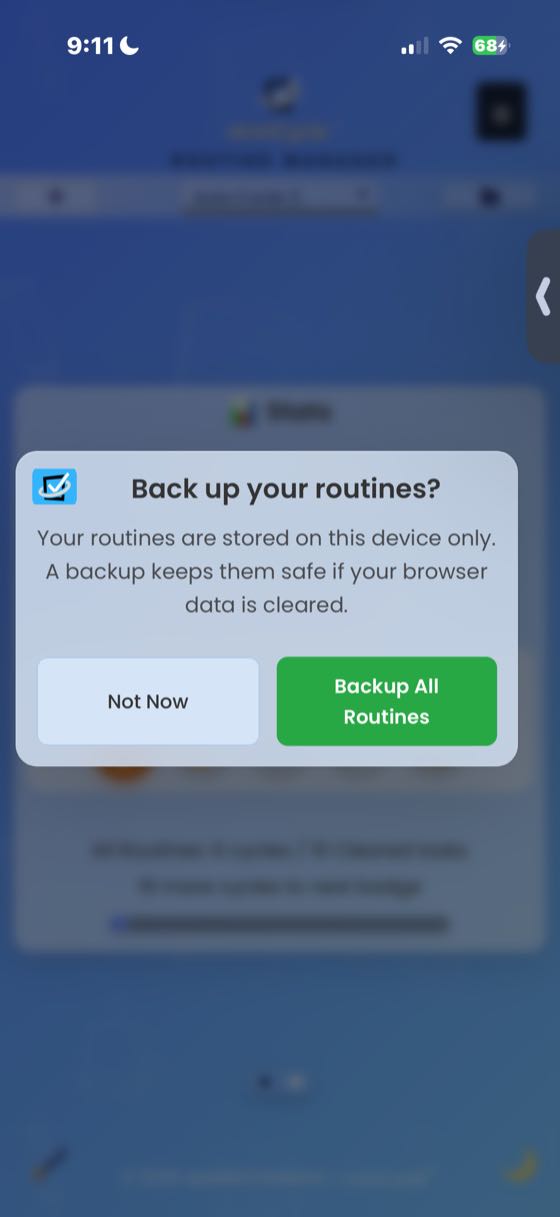The backup reminder modal asking Back up your routines with an explanation that routines are stored on device only. Not Now and Backup All Routines buttons shown.