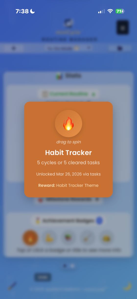 Badge detail popup for the Habit Tracker milestone showing the fire emoji badge icon with drag to spin text, 5 cycles or 5 cleared tasks requirement, unlock date, and Reward: Habit Tracker Theme.