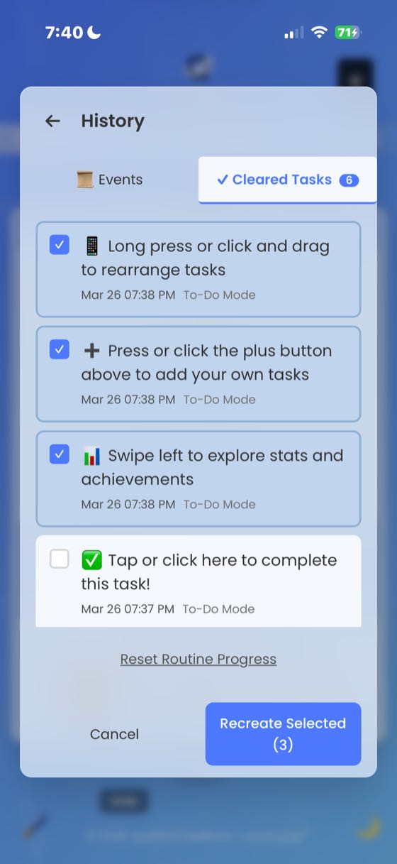 The History panel Cleared Tasks tab with 3 tasks selected via blue checkboxes. A Recreate Selected button at the bottom allows restoring chosen tasks back to the routine.