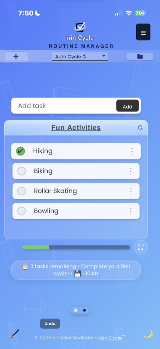 Fun Activities routine with Hiking completed showing a green checkmark, Biking, Rollar Skating, and Bowling remaining. Progress bar partially filled, 3 tasks remaining.
