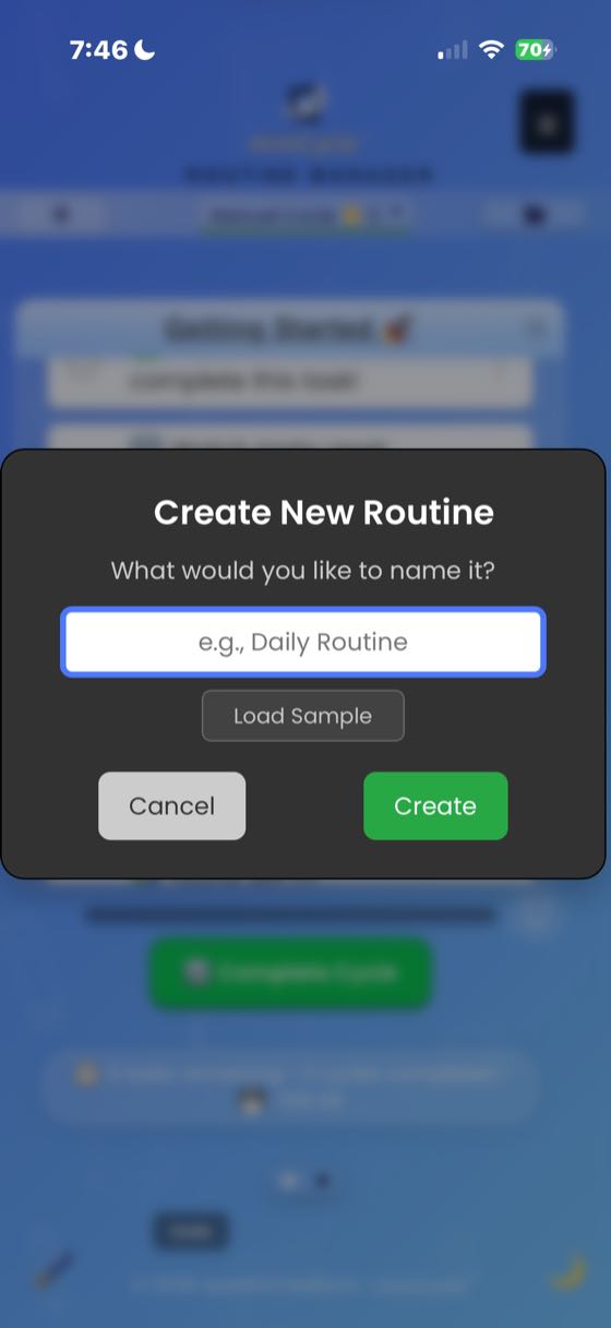The Create New Routine dialog showing a text input field with placeholder text, a Load Sample button for prebuilt routines, and Cancel and Create buttons.