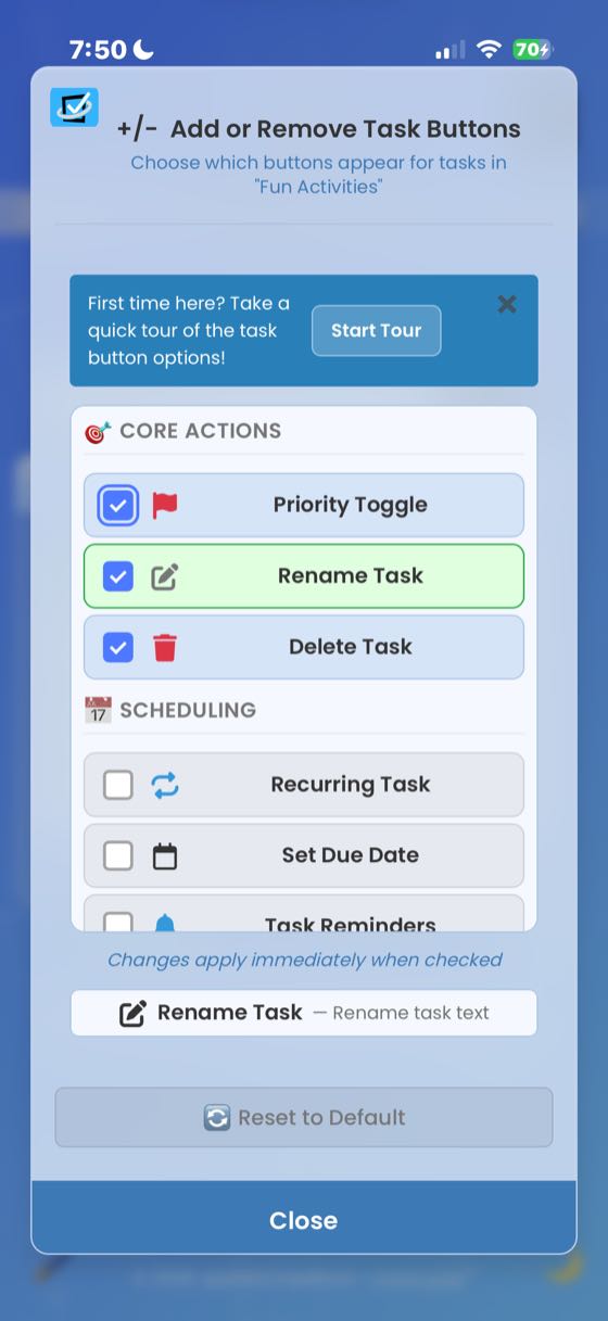 The Customize Task Options modal showing Core Actions section with Priority Toggle, Rename Task, and Delete Task, plus a Scheduling section with Recurring Task, Set Due Date, and Task Reminders. Start Tour prompt visible.