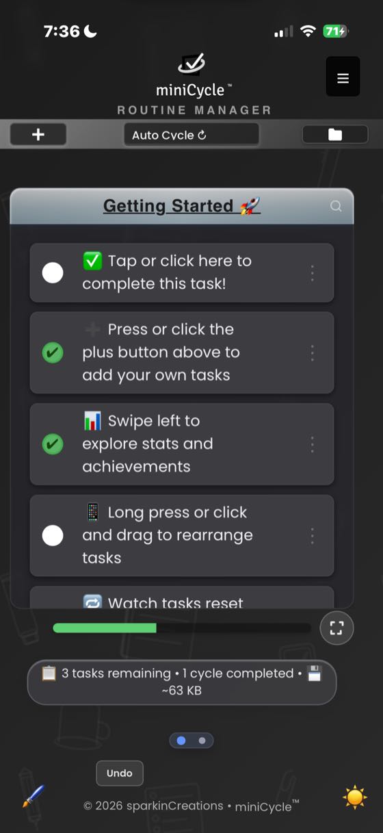 miniCycle in dark mode showing the Getting Started routine with dark gray backgrounds, white text, and lighter gray task cards. Three tasks remaining, 1 cycle completed.