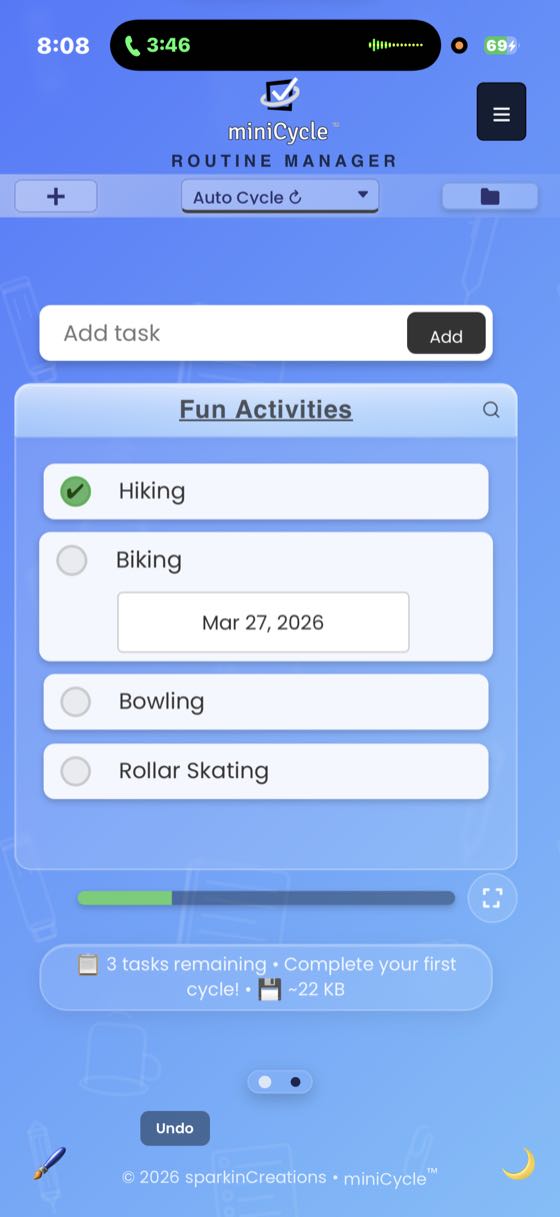 Fun Activities routine showing a due date badge on the Biking task with the date Mar 27 2026 displayed below the task name. Three tasks remaining.